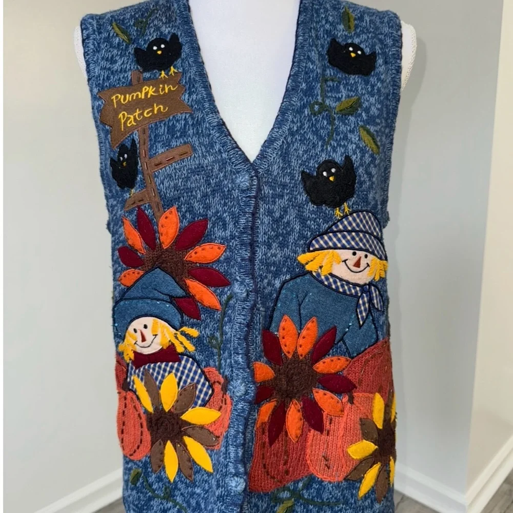 Bobbie Brooks Pumpkin Patch Scarecrow Embroidered Sweater Vest‎ Women’s M